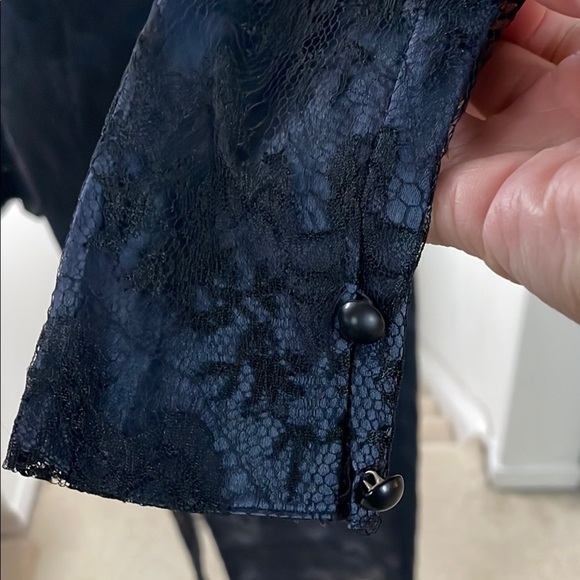 Elegant Lace Midi Dress Sweetheart Neckline Long Sleeve Sheer Satin Navy Blue M - Picture 8 of 16